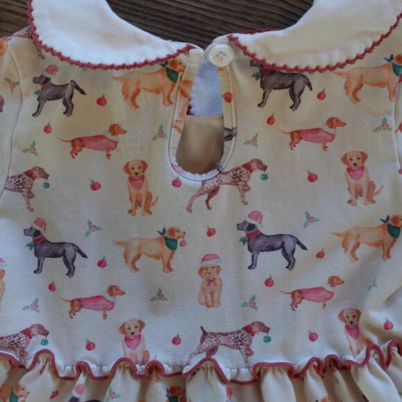 Serendipity Shrimp & Grits Dress Girls XS Dog Print Peter Pan Ruffle Christmas - Picture 4 of 5
